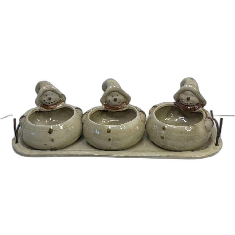 Kirkland's Home Woodland Collection Snowman Triple Server 3 Salsa or Dip Bowls